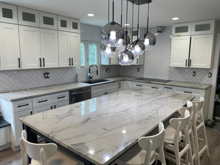 Remodeled kitchen with marble countertops