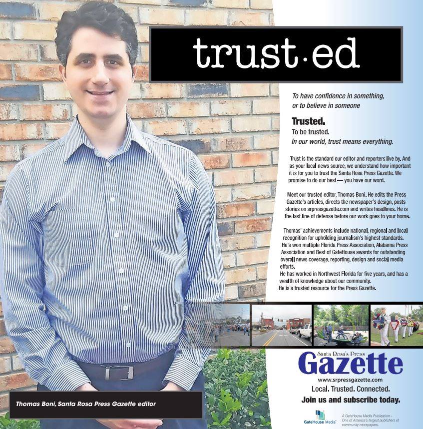 Thomas Boni, seen at the Crestview News Bulletin office in Crestview, Florida, standing outside the office building.