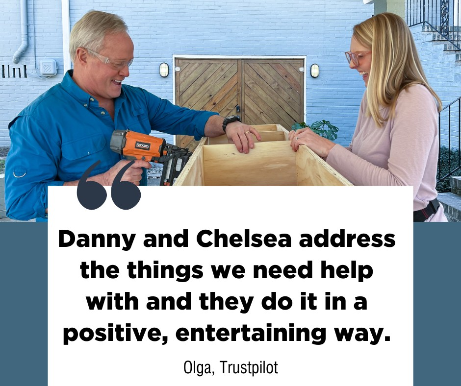 Today's Homeowner hosts Danny Lipford and Chelsea Lipford Wolf laugh while working on a home improvement. Graphic design by Thomas Boni.