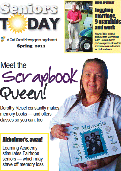 Seniors Today, a Gulf Coast Newspapers magazine, designed by Thomas Boni. Spring 2011 edition featuring the Scrapbook Queen