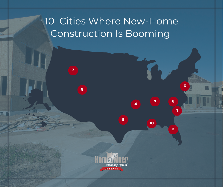 Graphic design featuring top 10 cities where new home construction is booming. Direction by Thomas Boni. Creative by Carey Bradley.