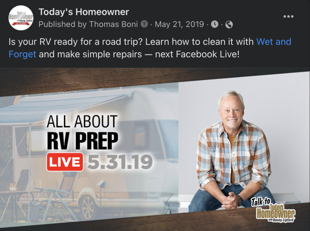 Social media copywriting sample featuring, Wet and Forget's RV Prep live event. Written by Thomas Boni.