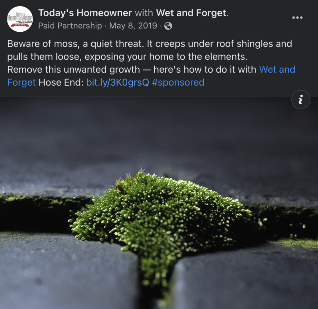 Social media copywriting sample featuring Wet and Forget's moss removal product. Written by Thomas Boni.