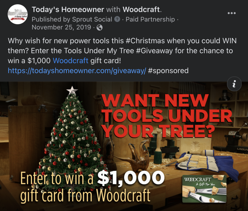 Social media copywriting sample featuring Woodcraft's Tools Under Your Tree Giveaway. Written by Thomas Boni.