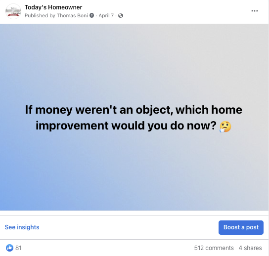 Social media post for Today's Homeowner Media: engagement post with a question for the audience. Written by Thomas Boni. 