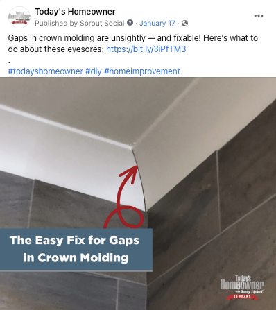 Social media post for Today's Homeowner Media: fixing gaps in crown molding. Written by Thomas Boni. 