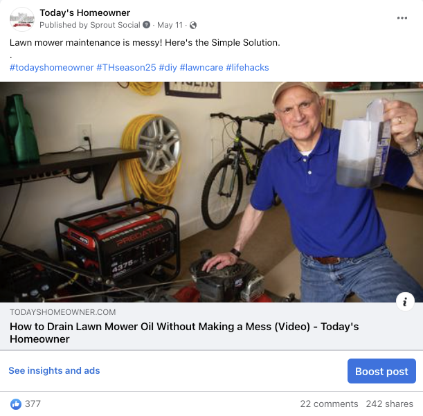 Social media post for Today's Homeowner Media: easy lawnmower maintenance tips. Written by Thomas Boni. 