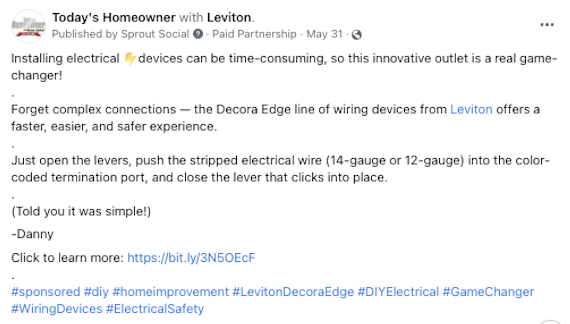 Sponsored social media post for Leviton. Ghostwritten by Thomas Boni.