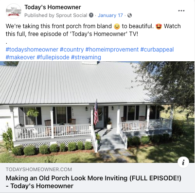 Social media post for Today's Homeowner Media: episode preview for porch makeover. Written by Thomas Boni. 