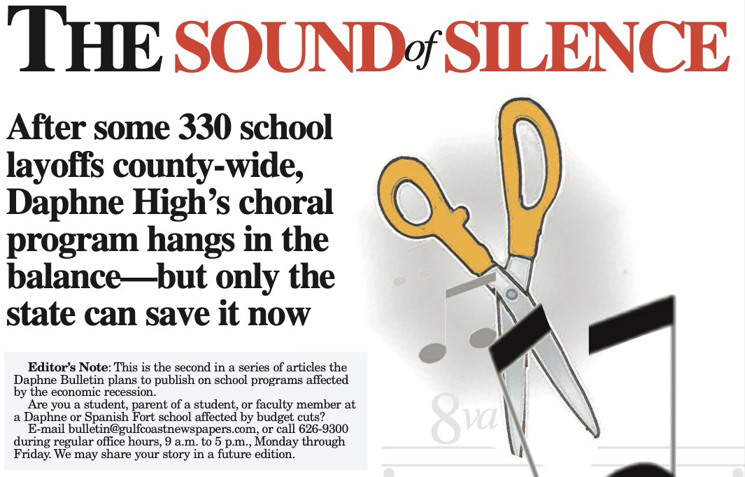 The Sound of Silence, a graphic showing scissors cutting a music symbol. By Thomas Boni.