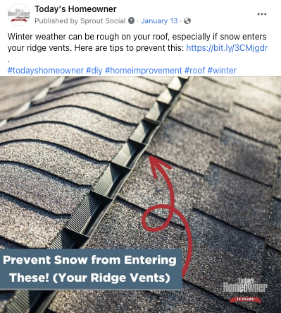 Social media post for Today's Homeowner Media: maintaining ridge vents. Written by Thomas Boni. 