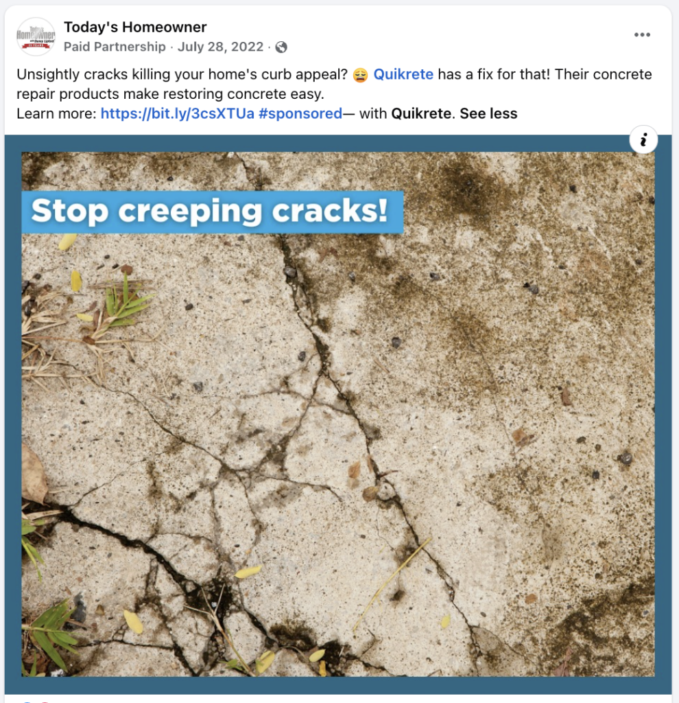 Quikrete sponsored Facebook post