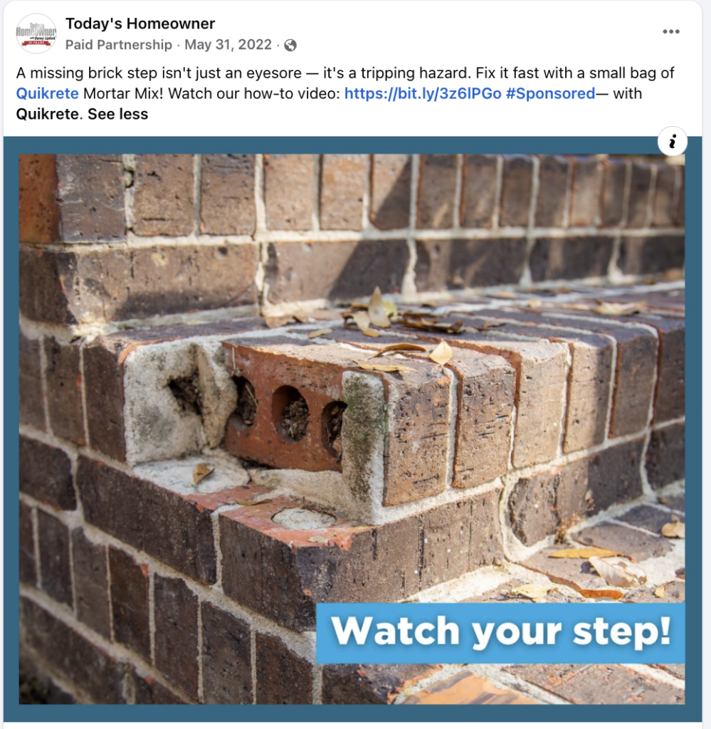 Quikrete sponsored Facebook post