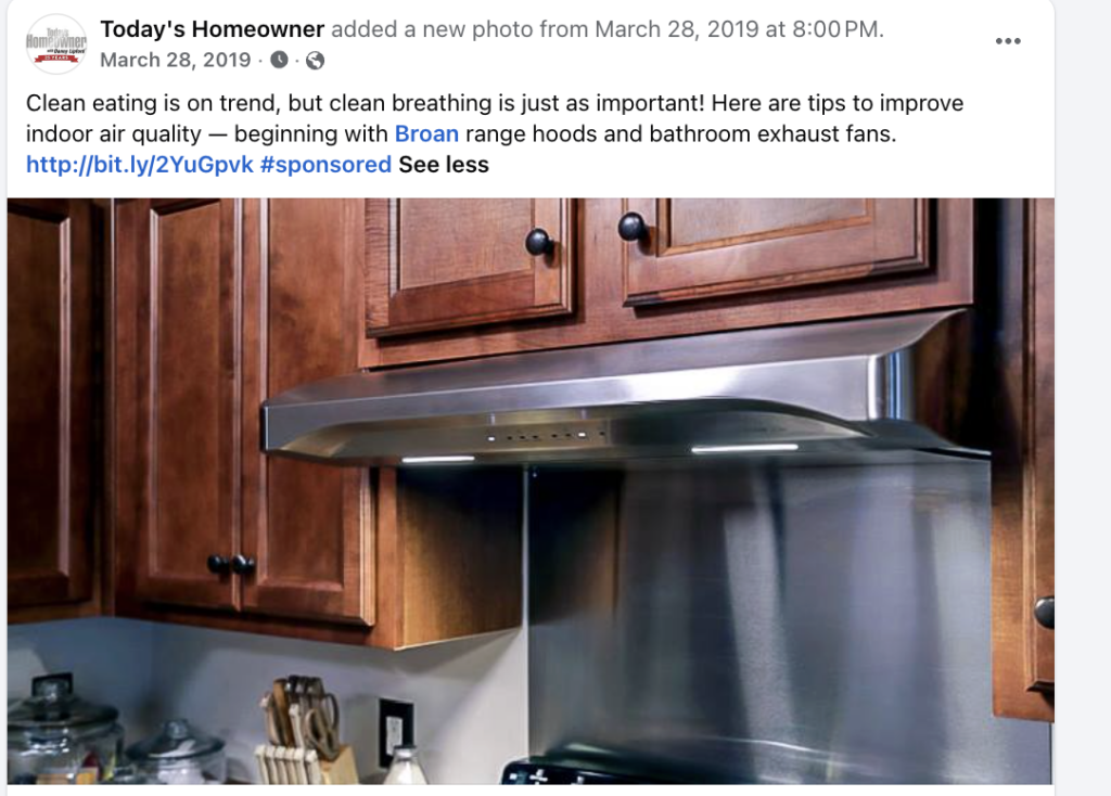 Broan sponsored Facebook post
