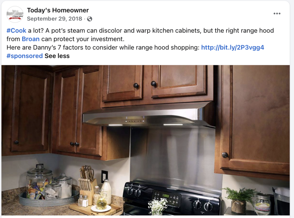 Broan sponsored Facebook post