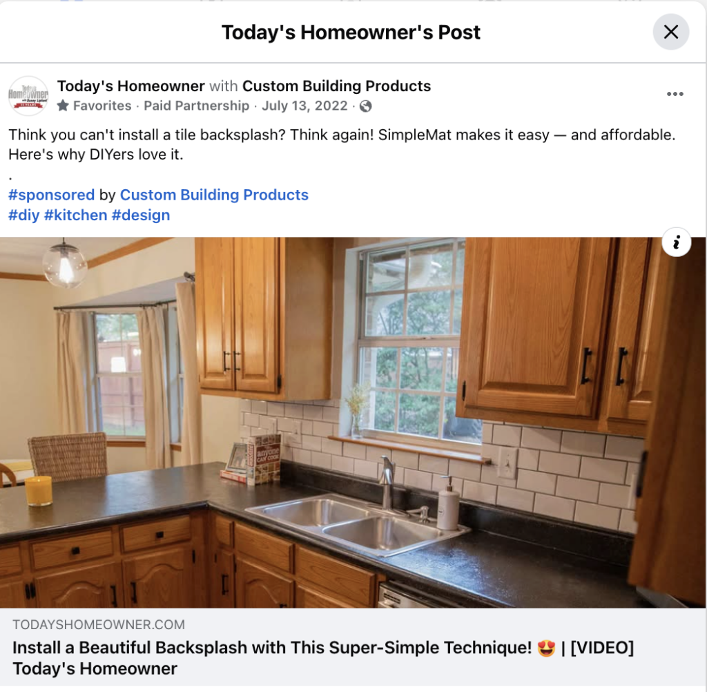 Custom Building Products sponsored Facebook post