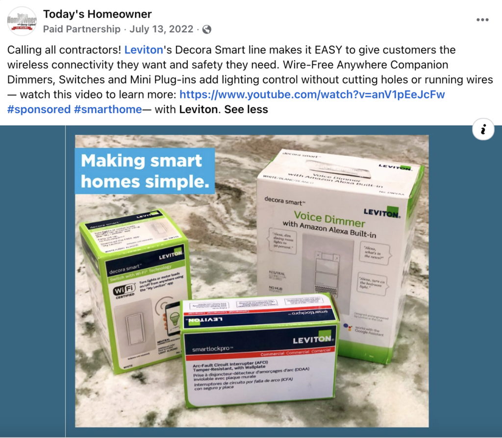 Leviton sponsored Facebook post