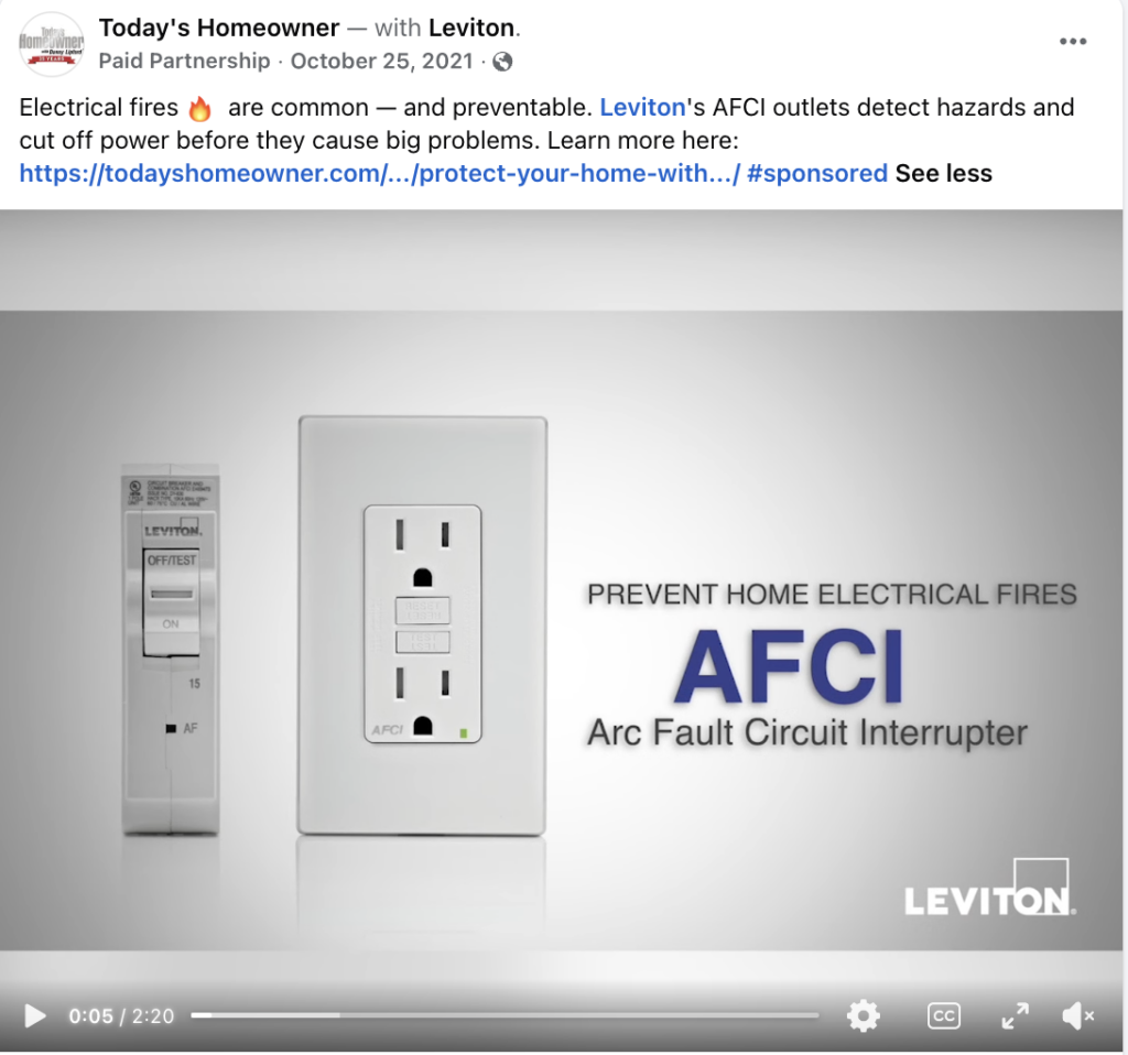 Leviton sponsored Facebook post