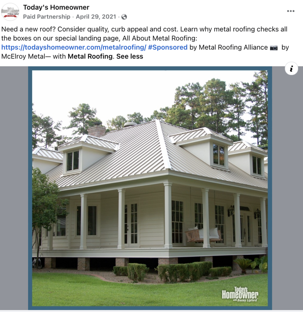 Metal Roofing Alliance sponsored Facebook post