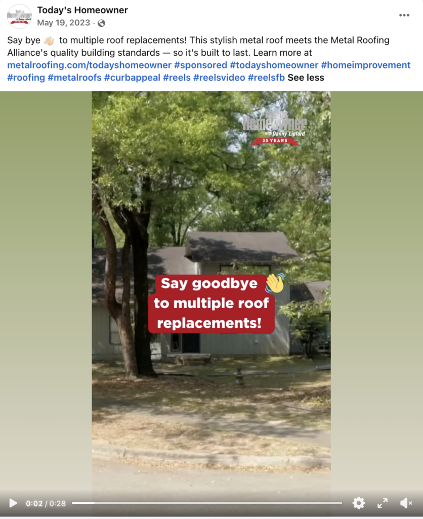 Metal Roofing Alliance sponsored Facebook post