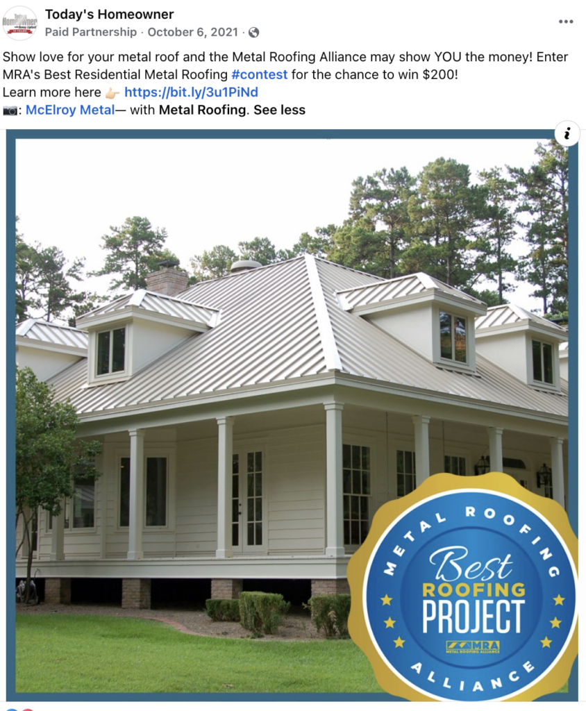 Metal Roofing Alliance sponsored Facebook post