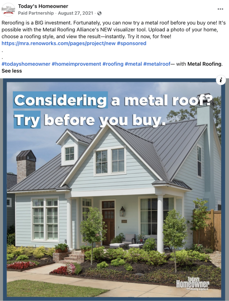 Metal Roofing Alliance sponsored Facebook post