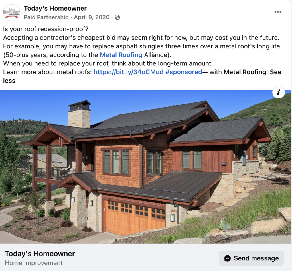 Metal Roofing Alliance sponsored Facebook post